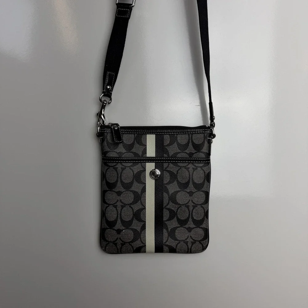 Coach Crossbody Bag Womens Small Black Signature Avary Canvas Stripe Blue Lining